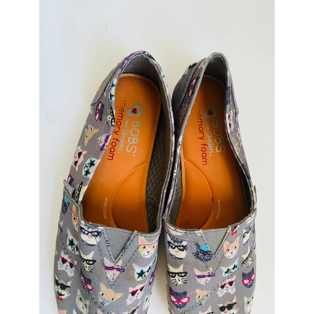 Skechers BOBS for Cats Grey Canvas Slip On Flats Glasses Print Shoes‎ sz 8